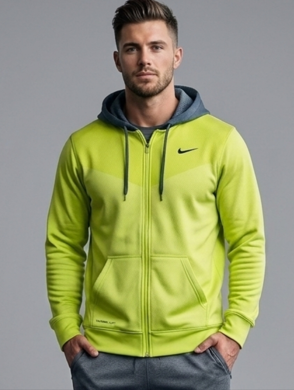 Nike Therma FIT Men's Hoodie Size L Yellow Full Zip Black Swoosh Sweatshirt